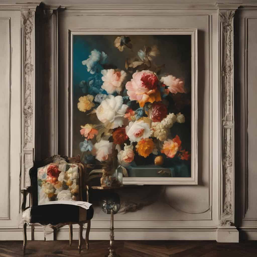 Ρομαντικός πίνακας με λουλούδια σε κλασικό χώρο τέχνης.