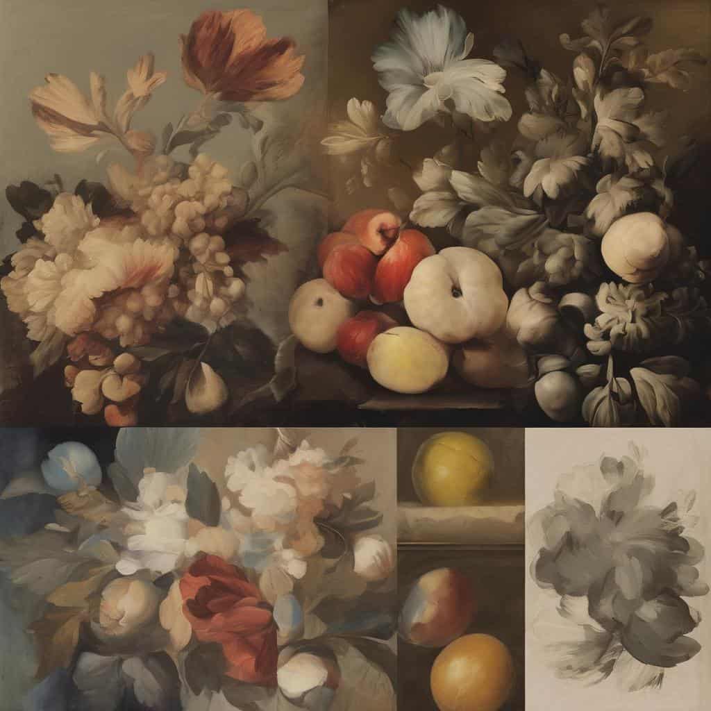 Καλλιτέχνες και Ιστορικά Συμφραζόμενα, αντιπροσωπευτικά έργα ζωγραφικής με λουλούδια και φρούτα, εμπνευσμένα από την ιστορική τέχνη και το στυλ.
