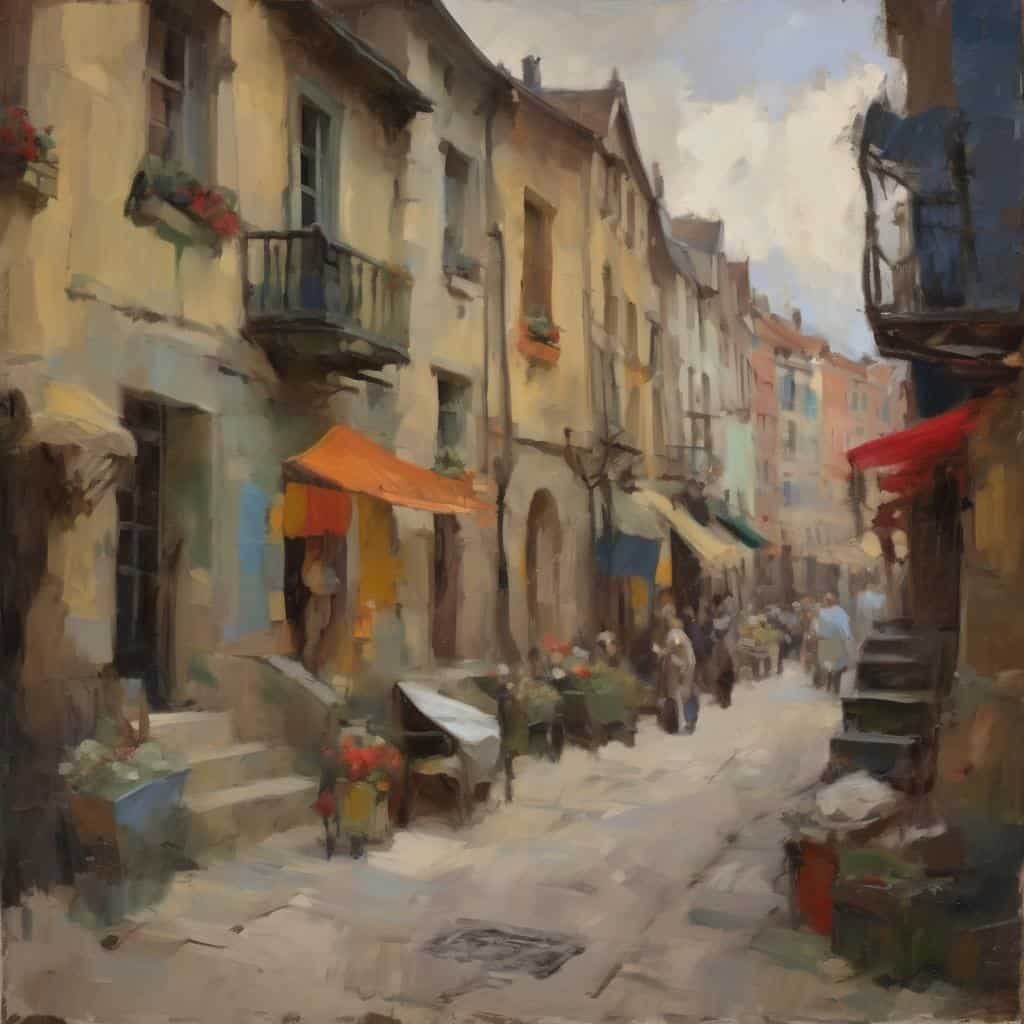 Παλιό καλλιτεχνικό τοπίο με καλλιτέχνες και ιστορικά συμφραζόμενα σε πλακόστρωτη ευρωπαϊκή street art.