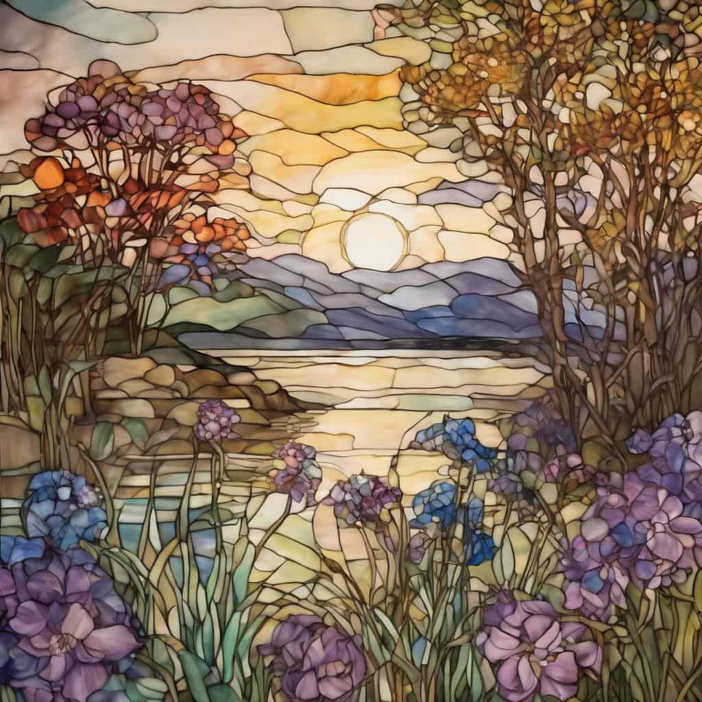 Ουράνιο τοπίο με λίμνη και λουλούδια σε στυλ βιτρό, αποτυπώνοντας καλλιτεχνικές και ιστορικές αναφορές.