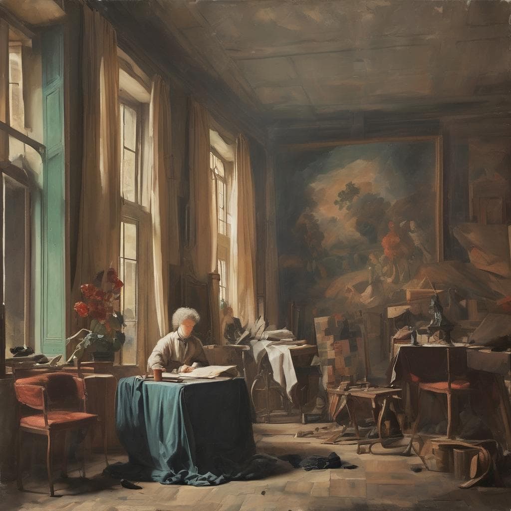 Ζωγραφικό έργο στούντιο με καλλιτέχνες και ιστορικά συμφραζόμενα, εσωτερική ατμόσφαιρα, τέχνη και δημιουργικότητα.