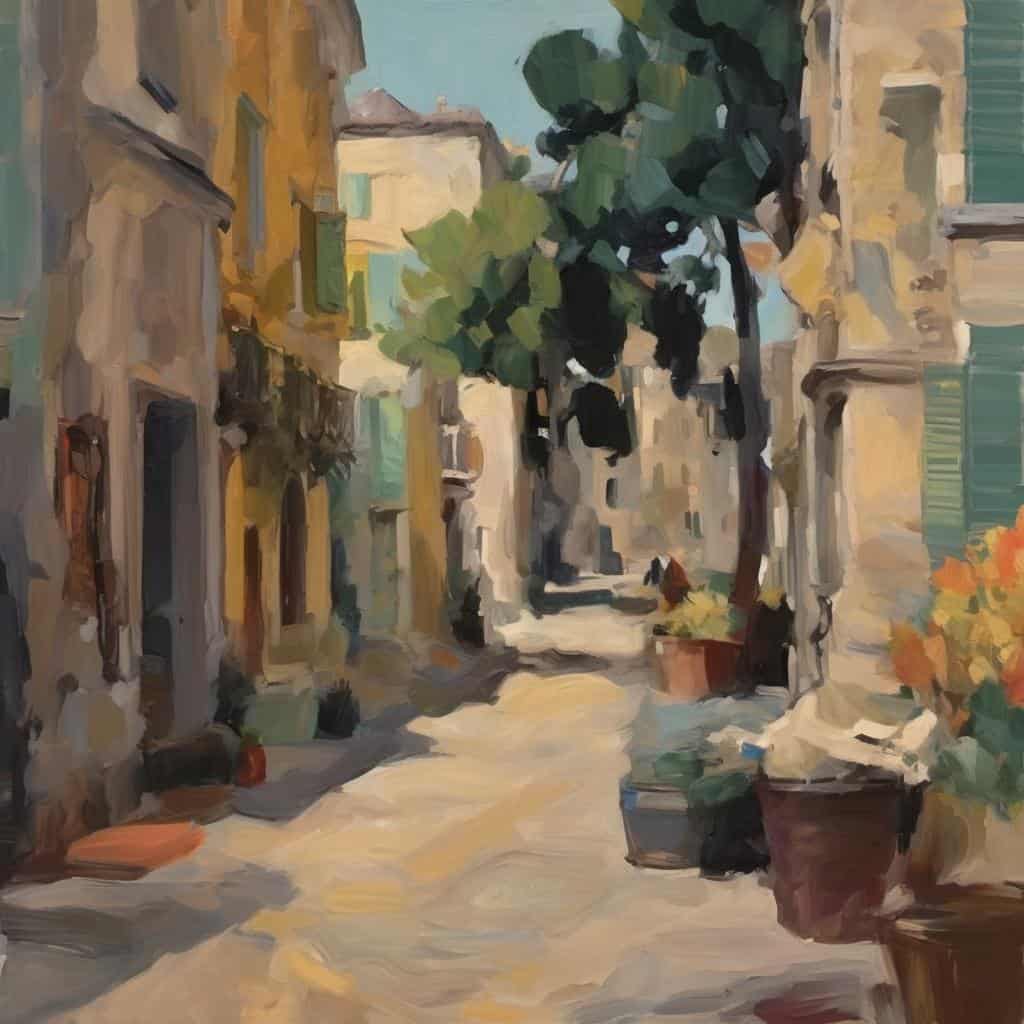 Λαική εικόνα παλιού δρόμου με σπίτια και φυτά, ιδανική για καλλιτέχνες και ιστορικά συμφραζόμενα.